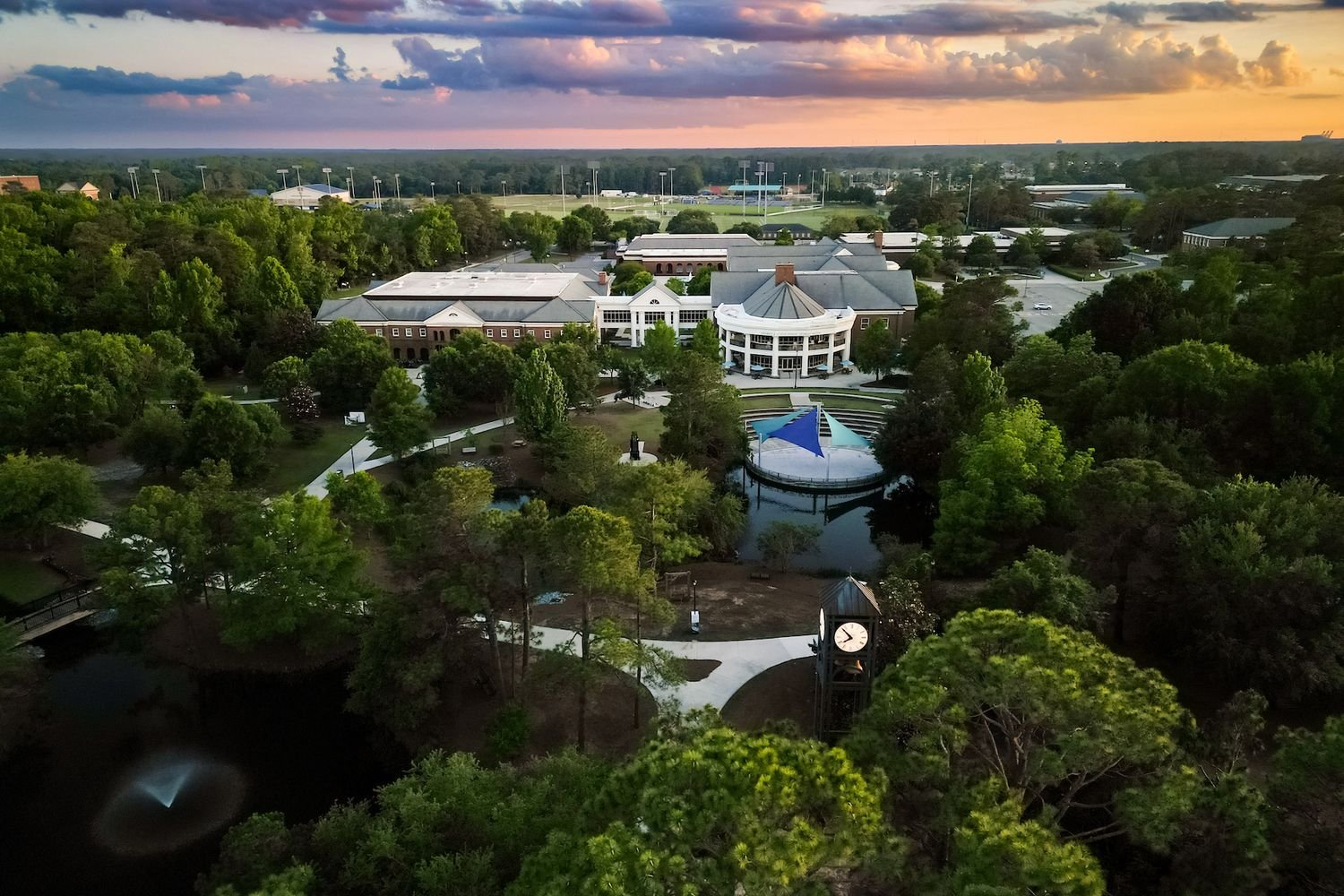 aerial photo of campus at dusk. 