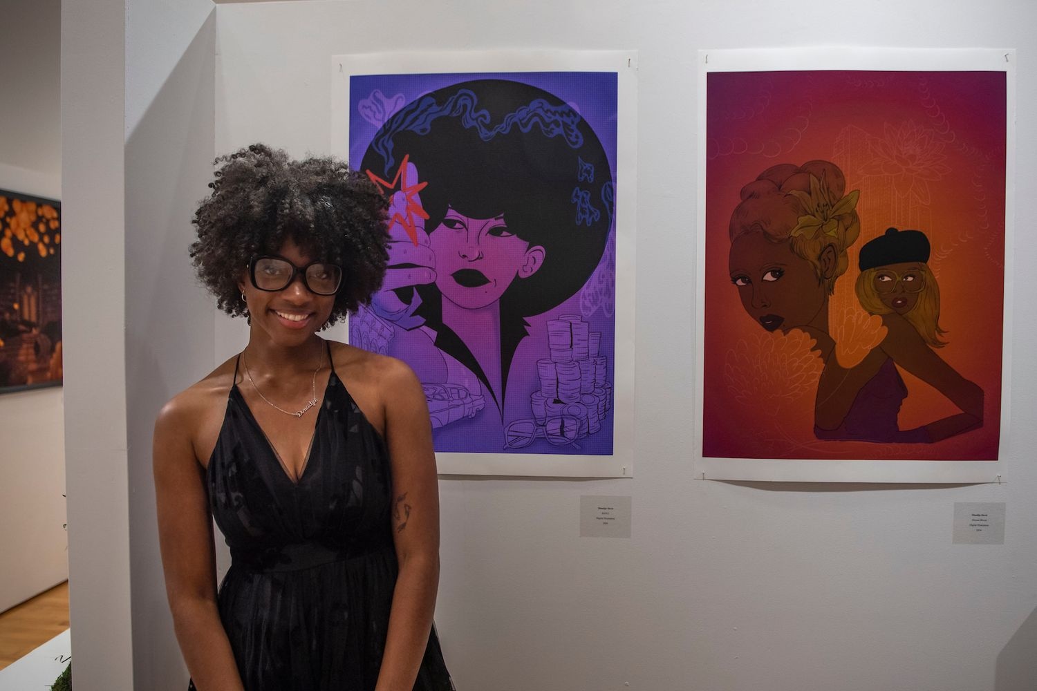 Artist standing in front of their painting at a gallery
