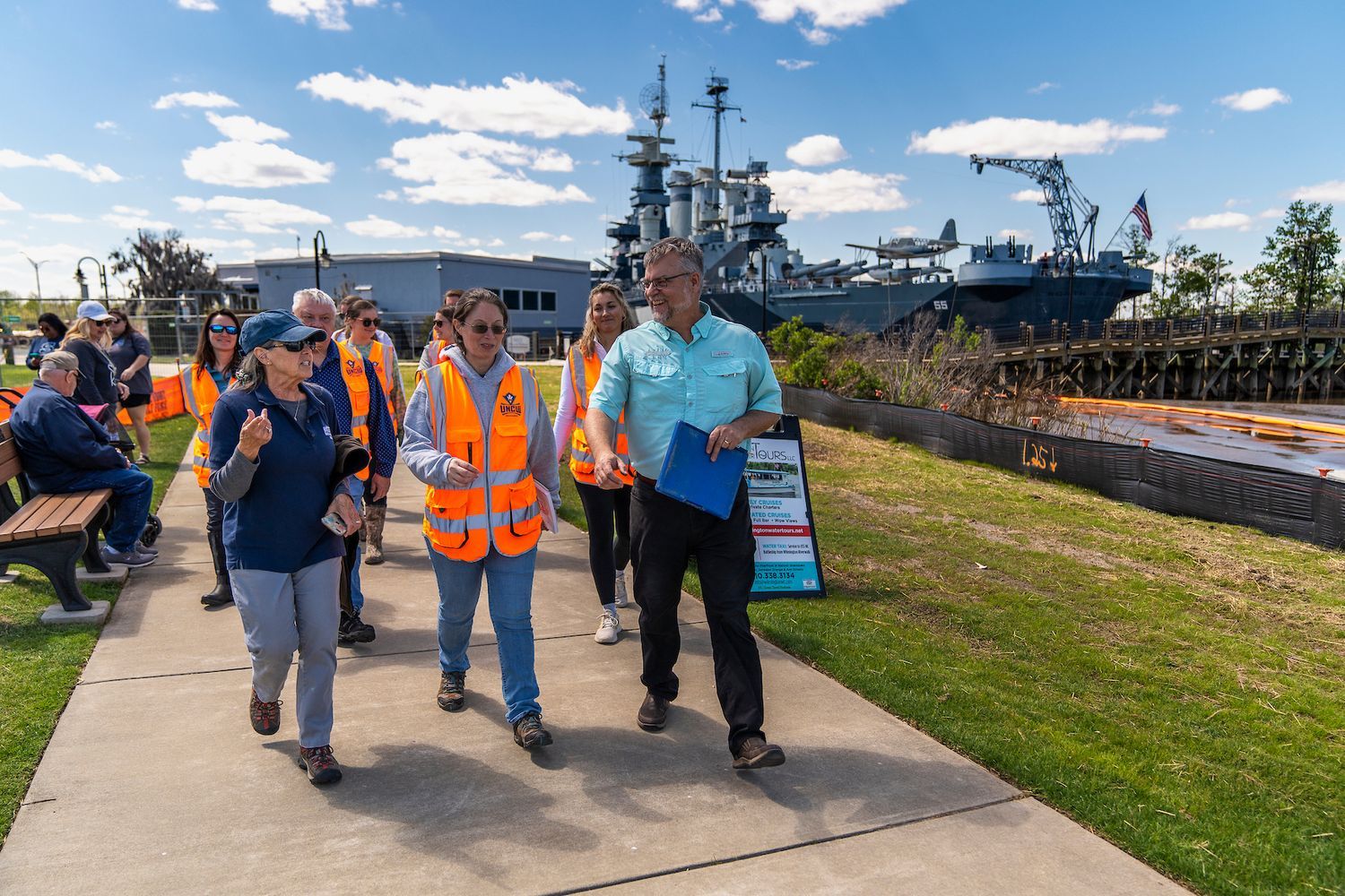Researchers and volunteers walking together