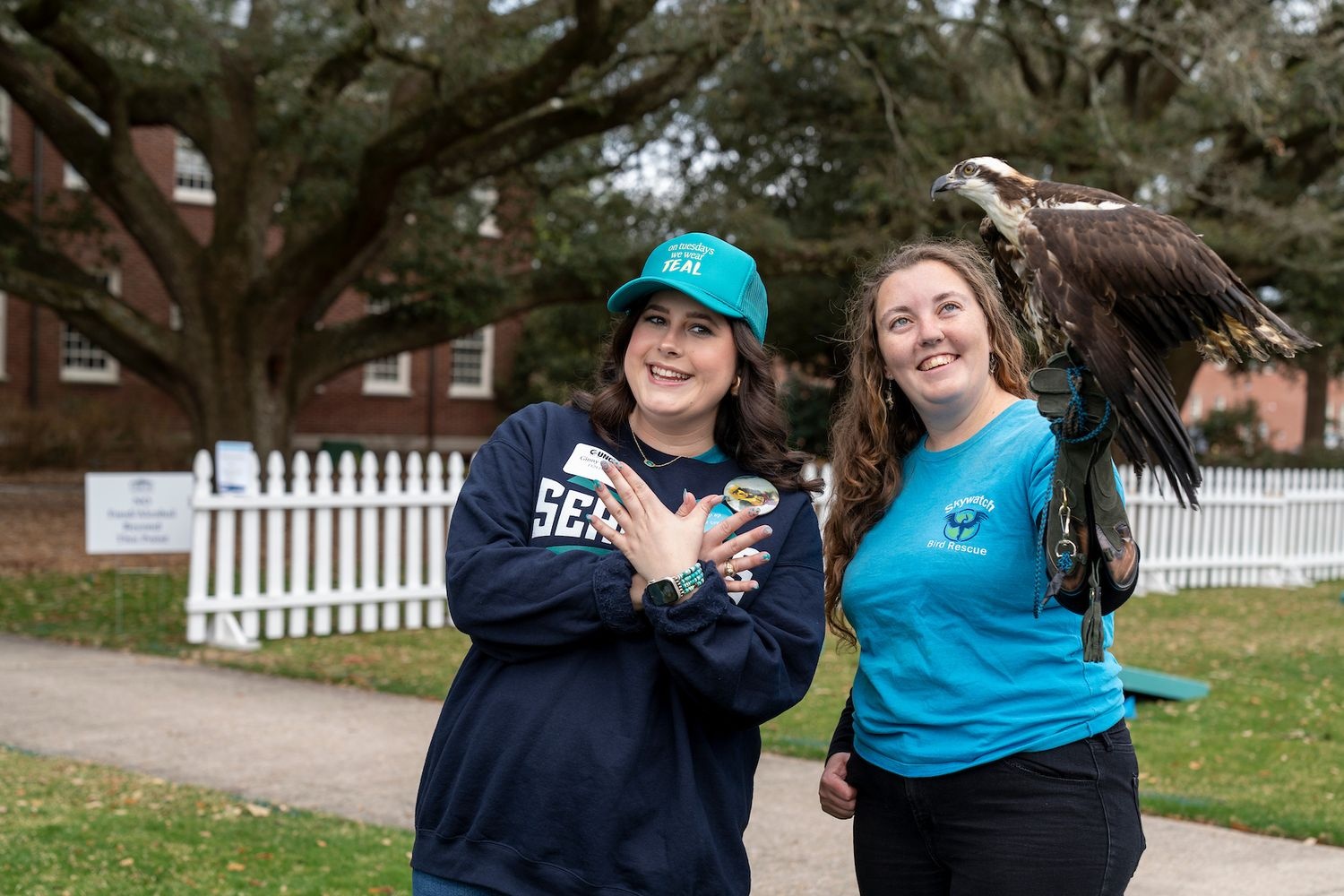 homecoming person from skywatch bird rescue has a hawk perched on their hands