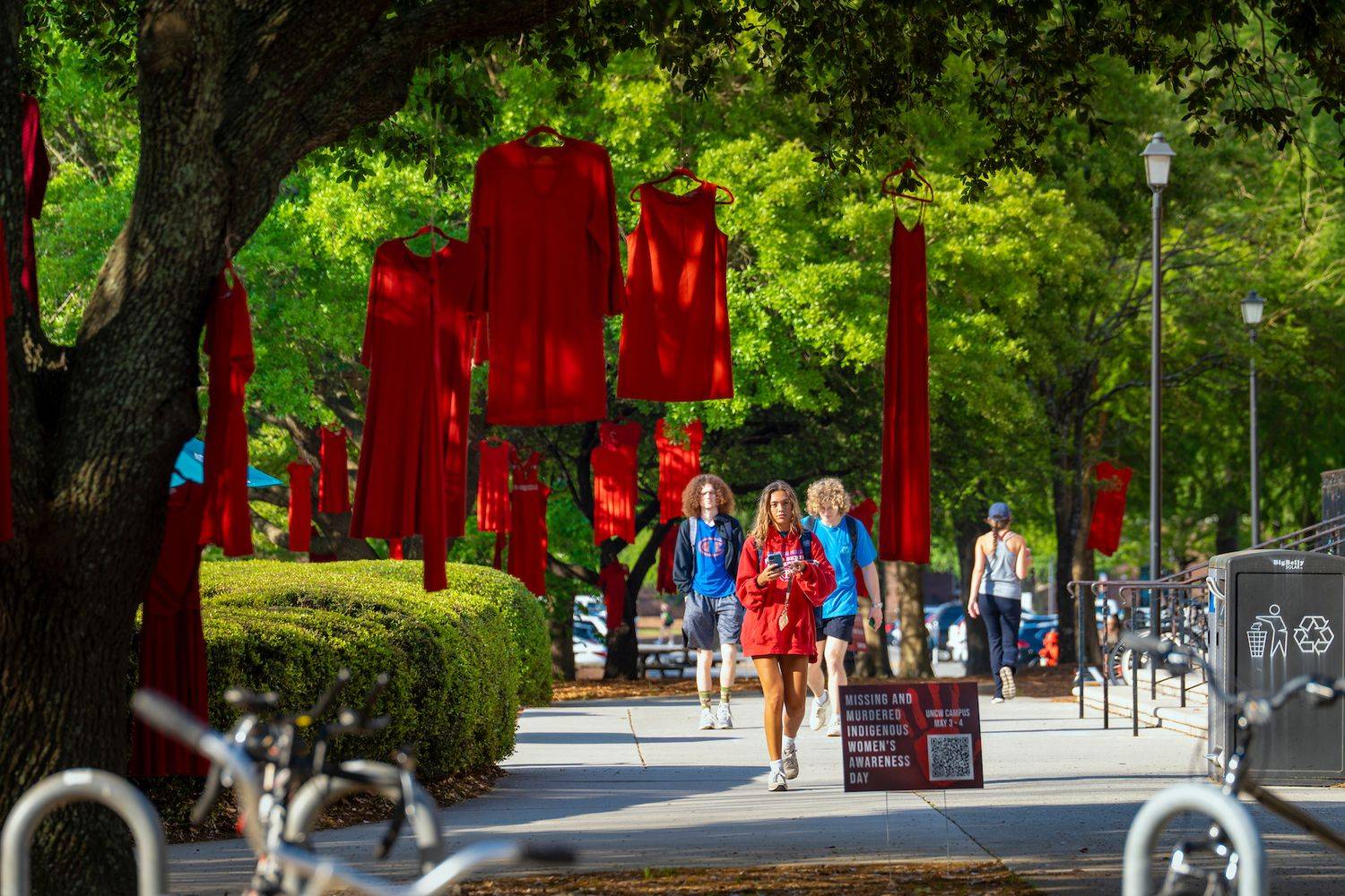 Red dresses hanging out of trees on campus