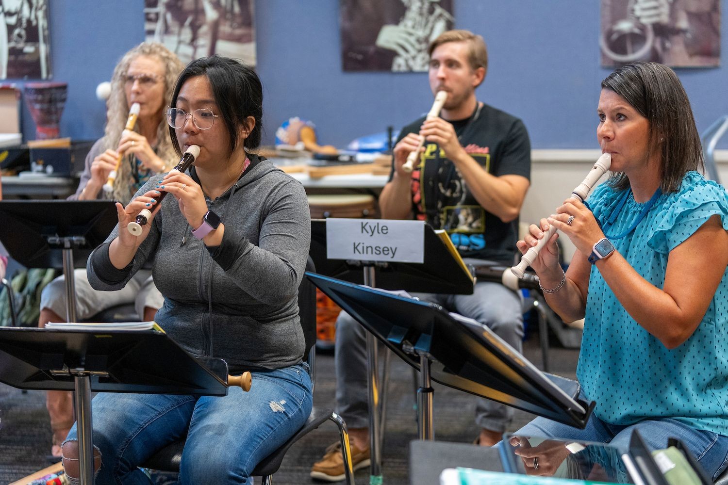 Band class in session, students playing instruments