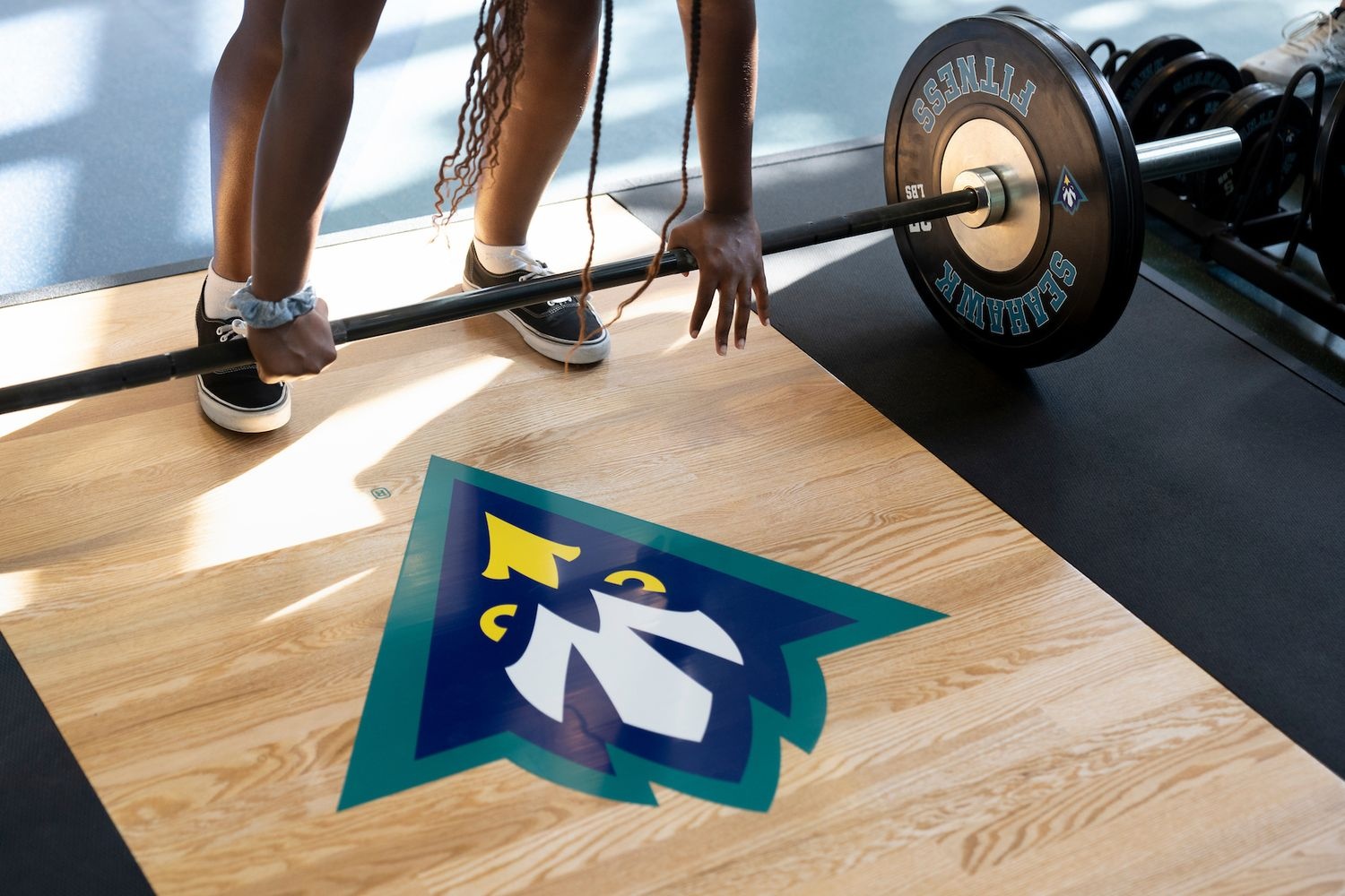 Hands are shown lifting a weight off of the ground