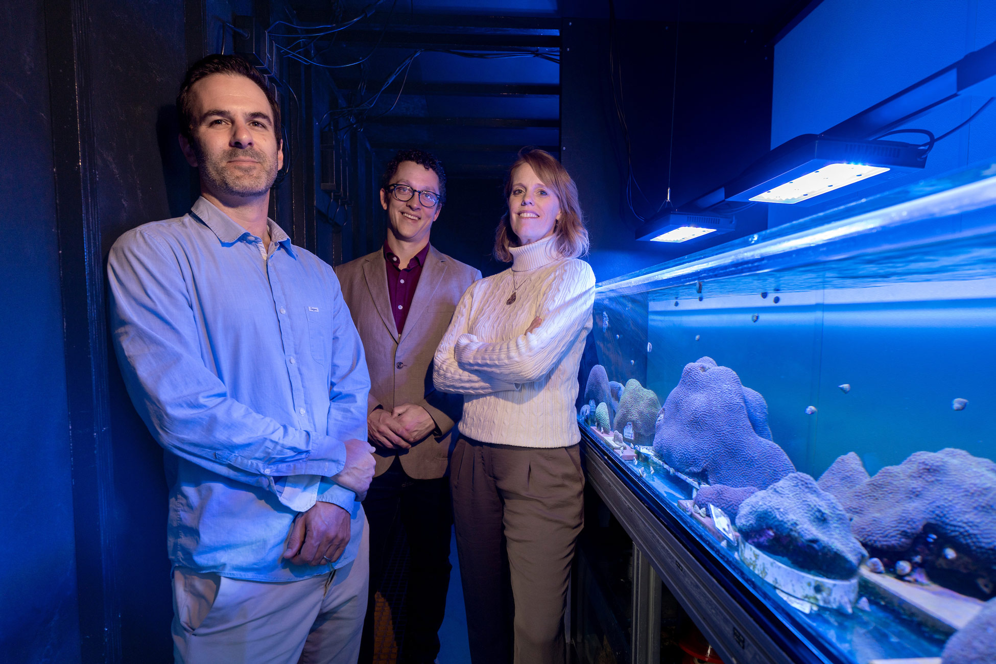 UNCW team of researchers (L to R) Jake Warner, Nathan Crowe and Nicole Fogarty has been awarded a three-year, $1.5 million dollar grant to help corals survive in our warming oceans.