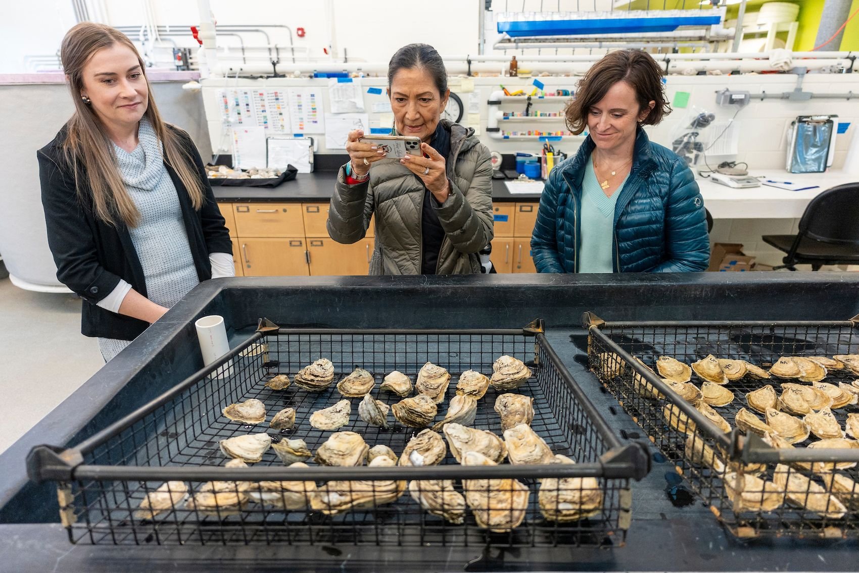 nited States Secretary of the Interior Deb Haaland and Director of the Bureau of Ocean Energy Management Liz Klein visited the Center For Marine Science where they toured the facility meeting with faculty, staff and students Friday, February 9, 2024.