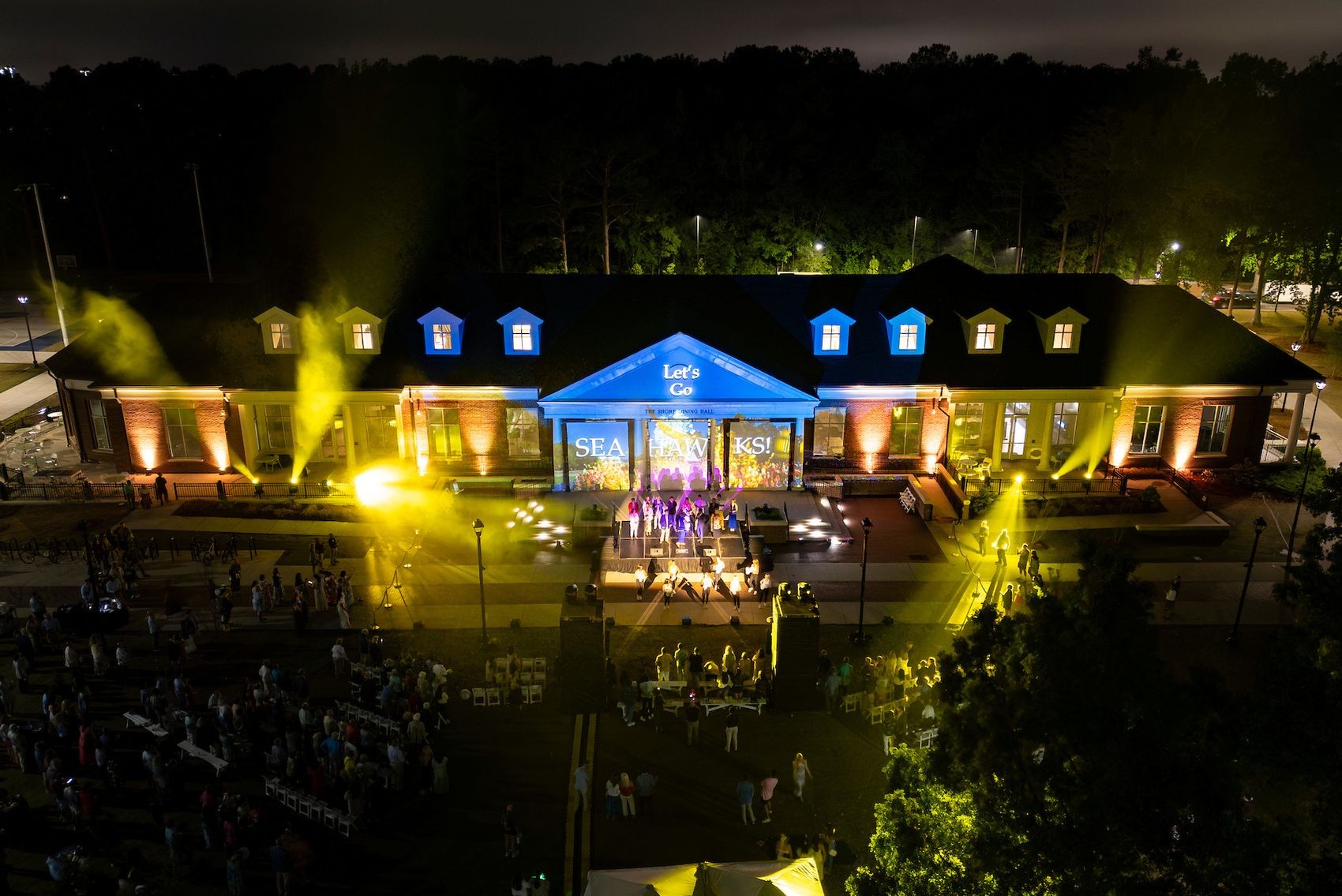 The Shore Dinning Hall is lit up in celebration of the success of Like No Other: The Campaign for UNCW.