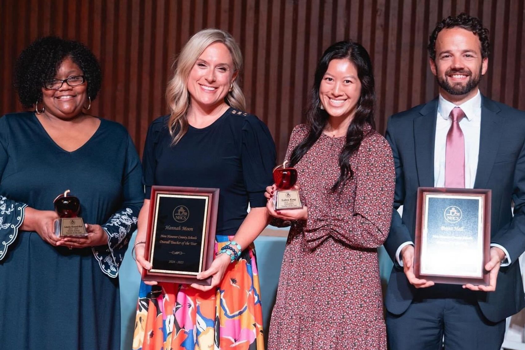 Latasha Howard-Mott ’11 is New Hanover County Schools’ Middle School Educator of the Year, Hannah Moon ’08M is High School and Overall EOY, Sydney Kong ’15 is Elementary EOY and Brent Hall ’09, ’17M is Principal of the Year. The awards were announced May 9. 