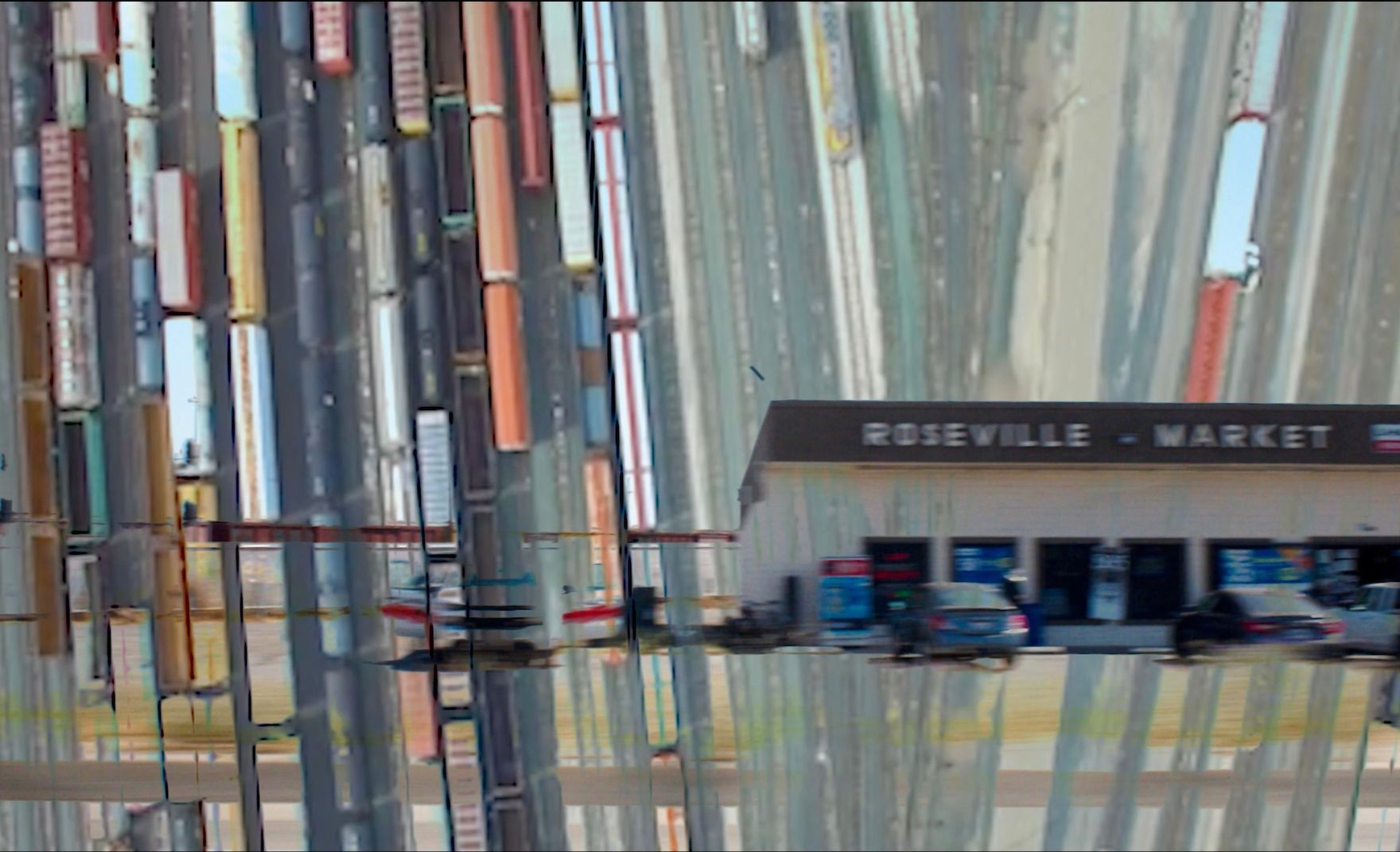 image of trains overlayed on an image of a convenience store