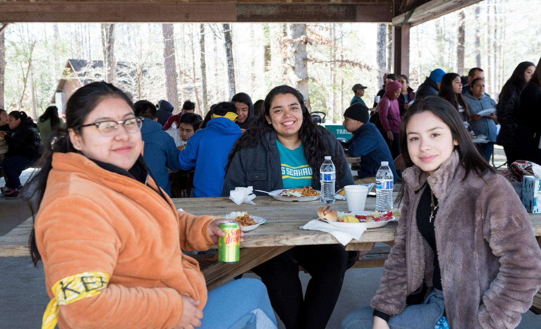 Students eating outside at camp Kirkwood
