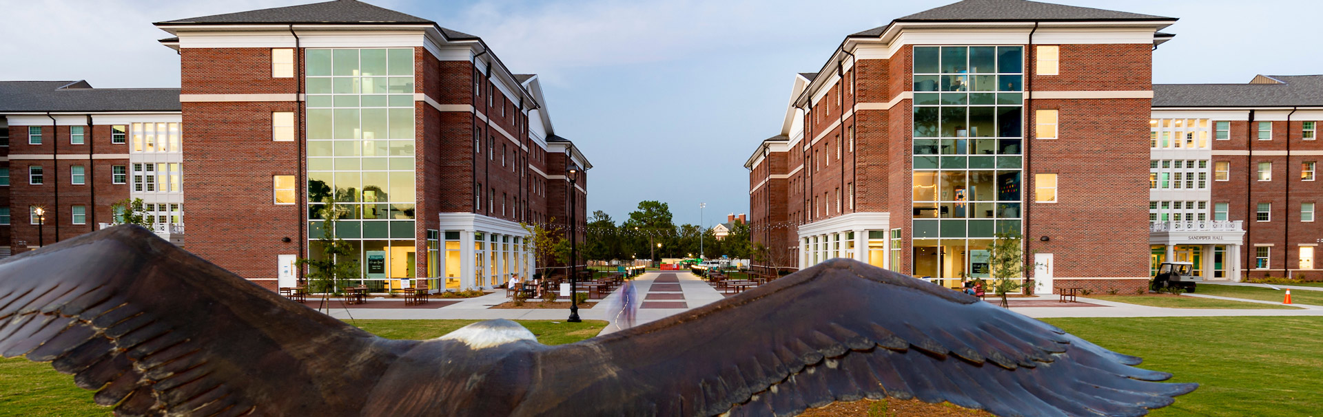 Seahawk statue overlooking the residence halls