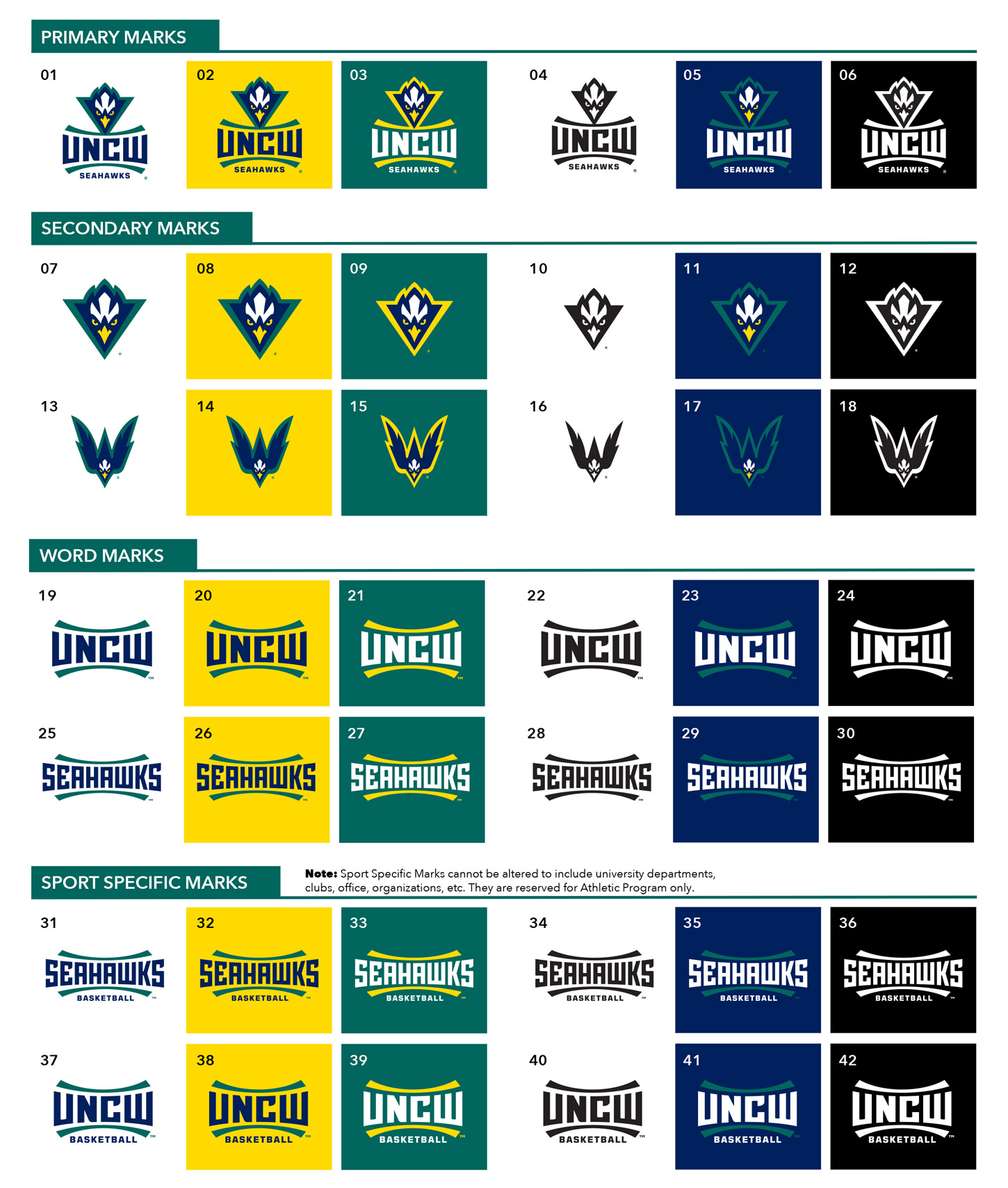 42 options of the UNCW athletic logos that vary in design and color. Choose from primary marks, secondary marks, word marks and sport specific marks. 