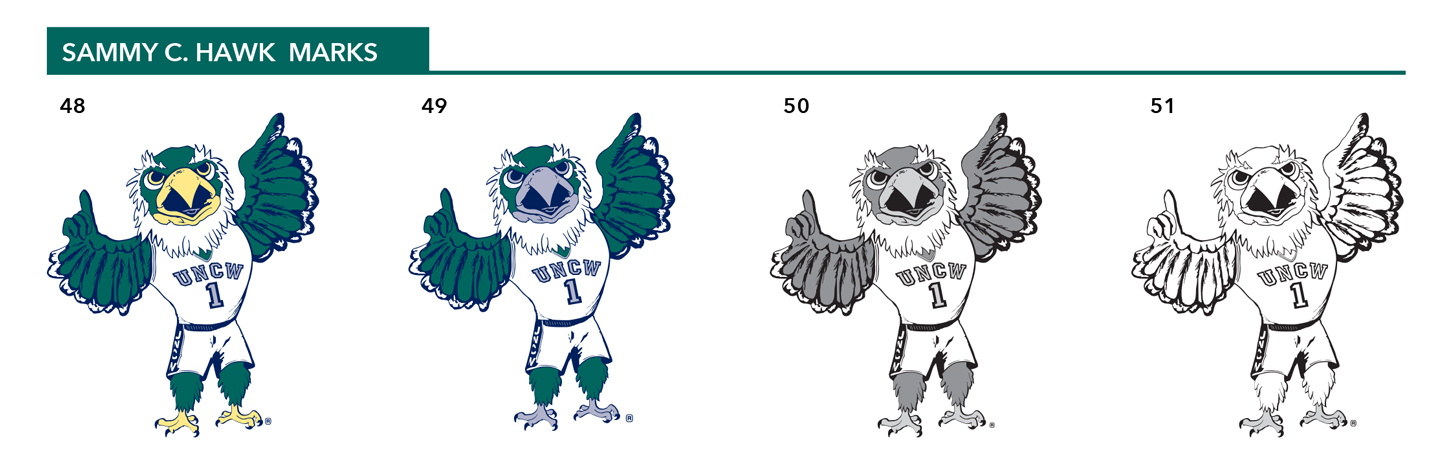 Below, you will find 4 options for the UNCW Sammy C. Hawk marks that vary in color. If you need assistance with the options below, please contact us.