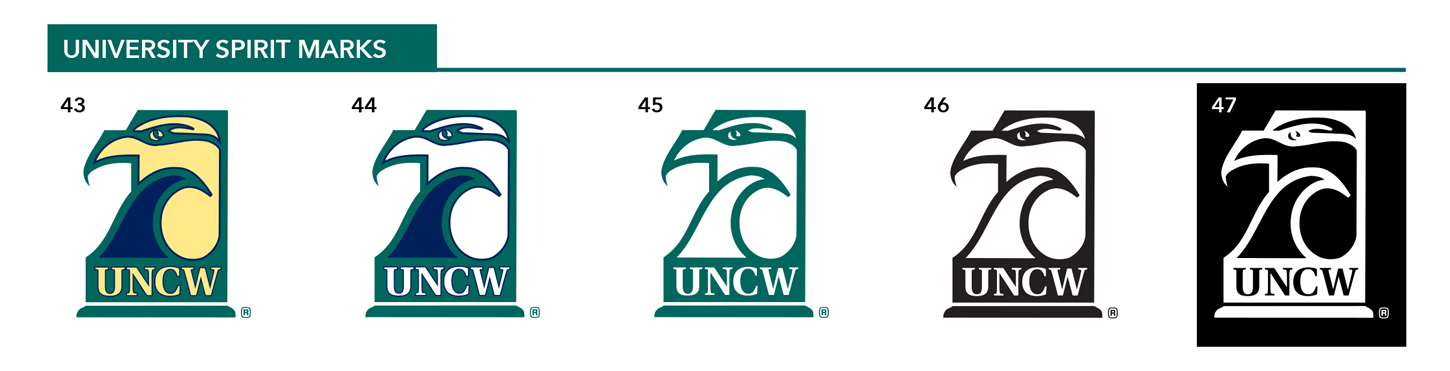 Below, you will find 5 options for the UNCW Seahawk Spirit marks that vary in color. If you need assistance with the options below, please contact us.