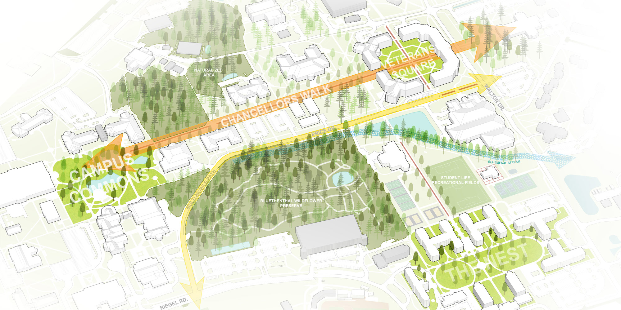 A 3-D rendering of campus showing chancellor's walk and price drive.