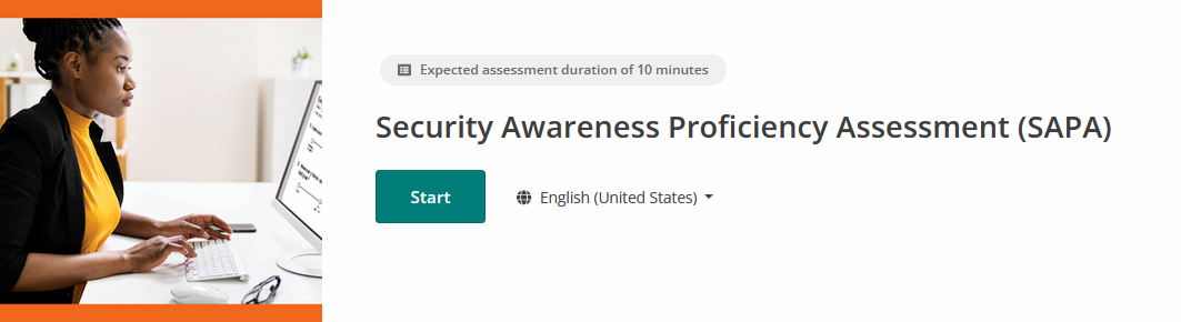 Screenshot of link to access Security Awareness Proficiency Assessment (SAPA) with lady and computer.