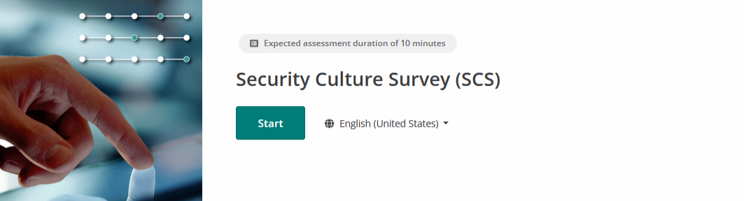 Screen shot Security Culture Survey (SCS) with finger pointing to computer key.