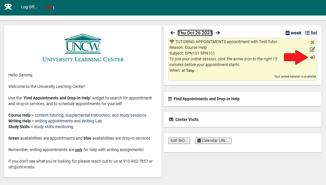 Screenshot of the TracCloud dashboard showing where to click to join an online appointment